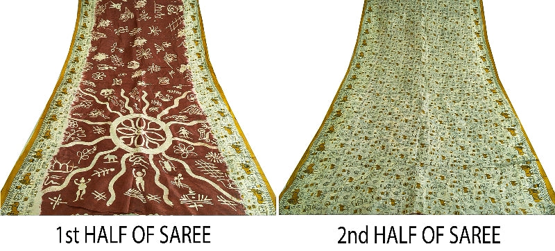 Sanskriti Vintage Sarees Indian Cream/Red Pure Silk Printed Sari Craft Sustainable Fabric