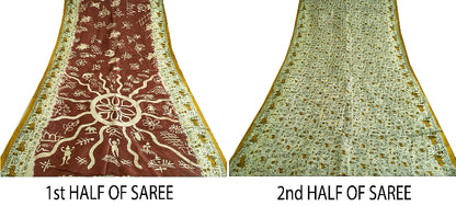 Sanskriti Vintage Sarees Indian Cream/Red Pure Silk Printed Sari Craft Sustainable Fabric