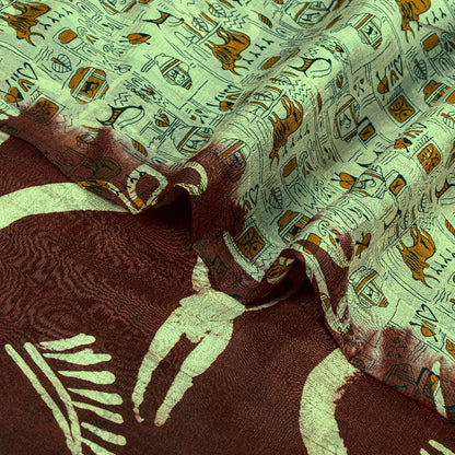 Sanskriti Vintage Sarees Indian Cream/Red Pure Silk Printed Sari Craft Sustainable Fabric