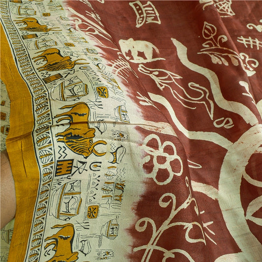 Sanskriti Vintage Sarees Indian Cream/Red Pure Silk Printed Sari Craft Sustainable Fabric
