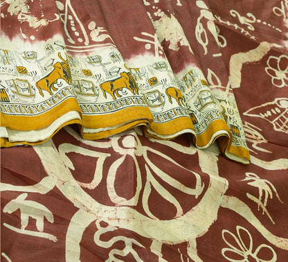 Sanskriti Vintage Sarees Indian Cream/Red Pure Silk Printed Sari Craft Sustainable Fabric