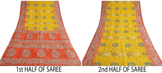 Sanskriti Vintage Sarees Yellow/Red Batik Printed Pure Silk Sari Craft Sustainable Fabric