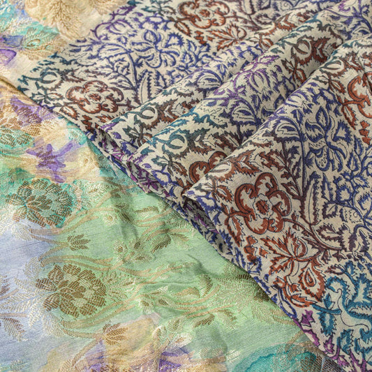 Sanskriti Vintage Saree Multicolor Pure Silk Floral Block & Woven Sari 5Yard DIY