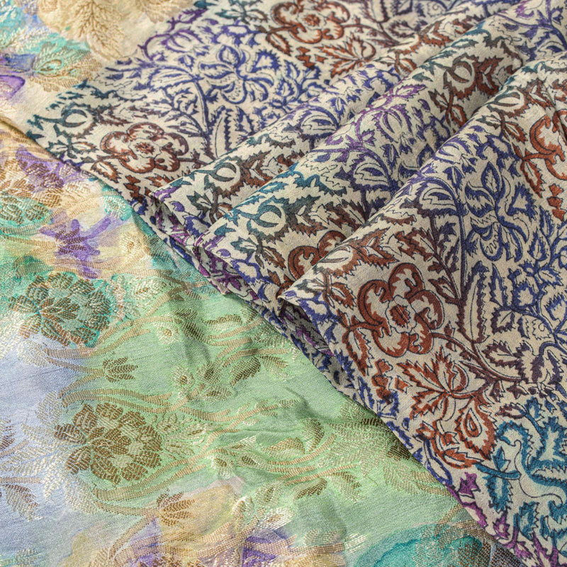 Sanskriti Vintage Saree Multicolor Pure Silk Floral Block & Woven Sari 5Yard DIY