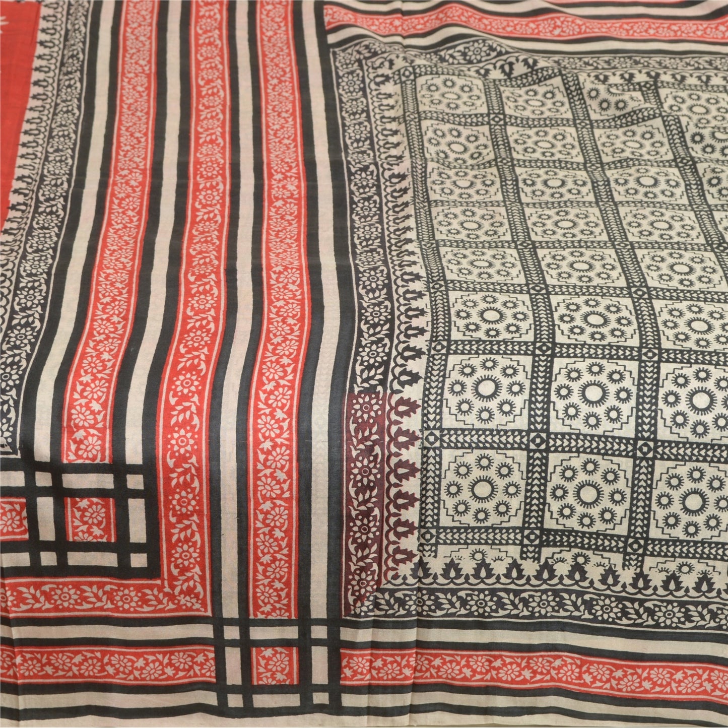 Sanskriti Vintage Sarees Black & Red 100%Pure Silk Printed Sari 5YD Craft Fabric