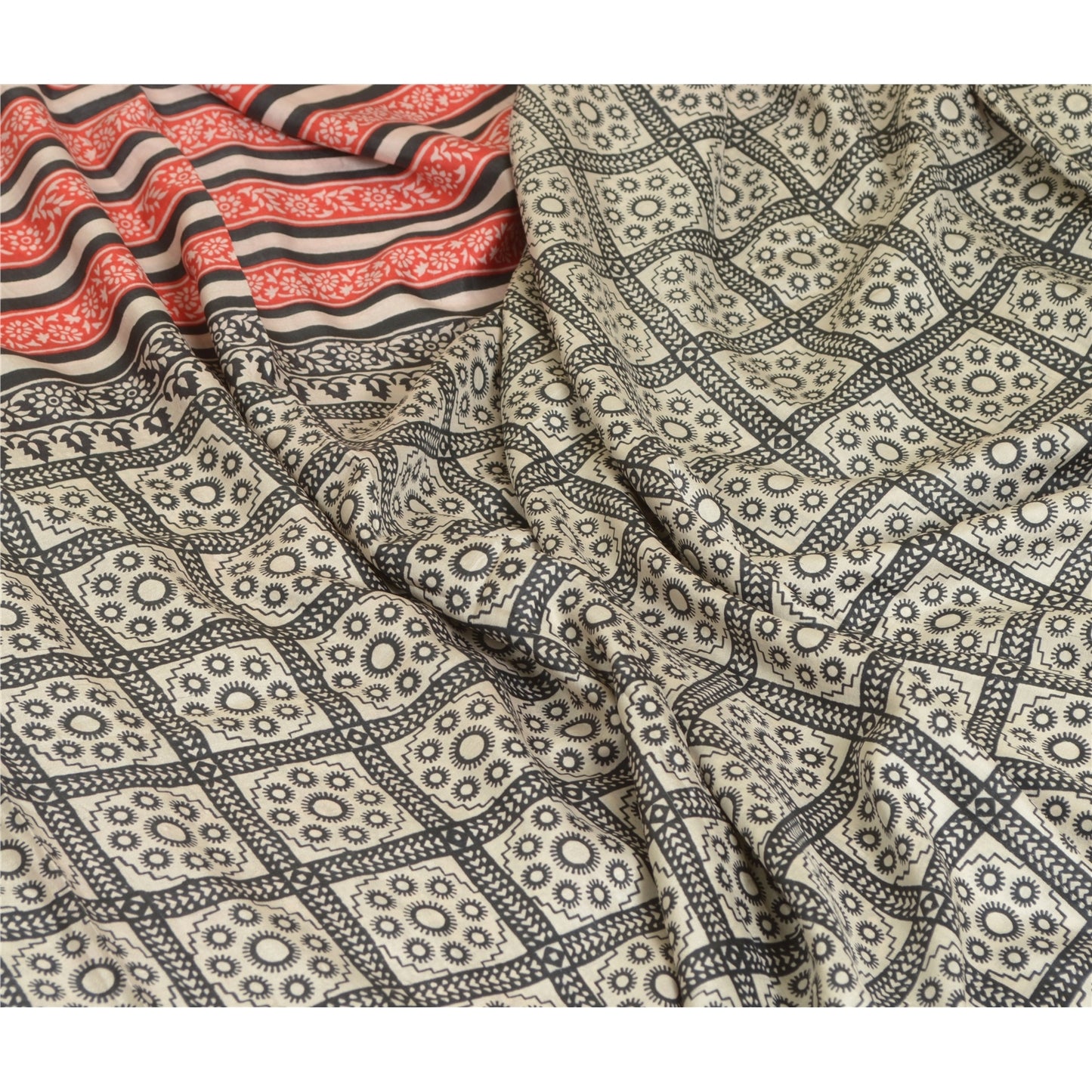 Sanskriti Vintage Sarees Black & Red 100%Pure Silk Printed Sari 5YD Craft Fabric