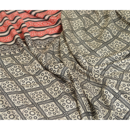 Sanskriti Vintage Sarees Black & Red 100%Pure Silk Printed Sari 5YD Craft Fabric