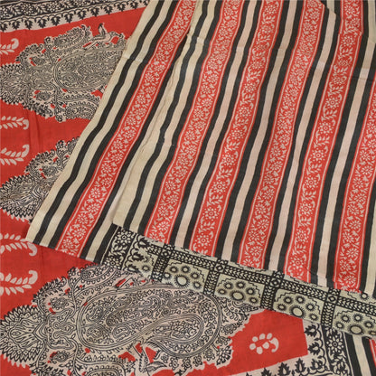 Sanskriti Vintage Sarees Black & Red 100%Pure Silk Printed Sari 5YD Craft Fabric
