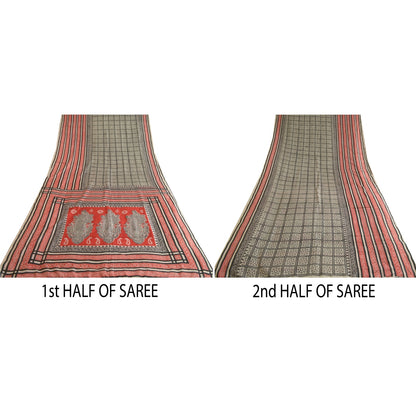 Sanskriti Vintage Sarees Black & Red 100%Pure Silk Printed Sari 5YD Craft Fabric