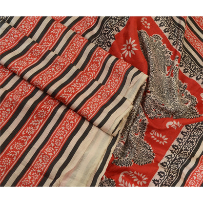 Sanskriti Vintage Sarees Black & Red 100%Pure Silk Printed Sari 5YD Craft Fabric