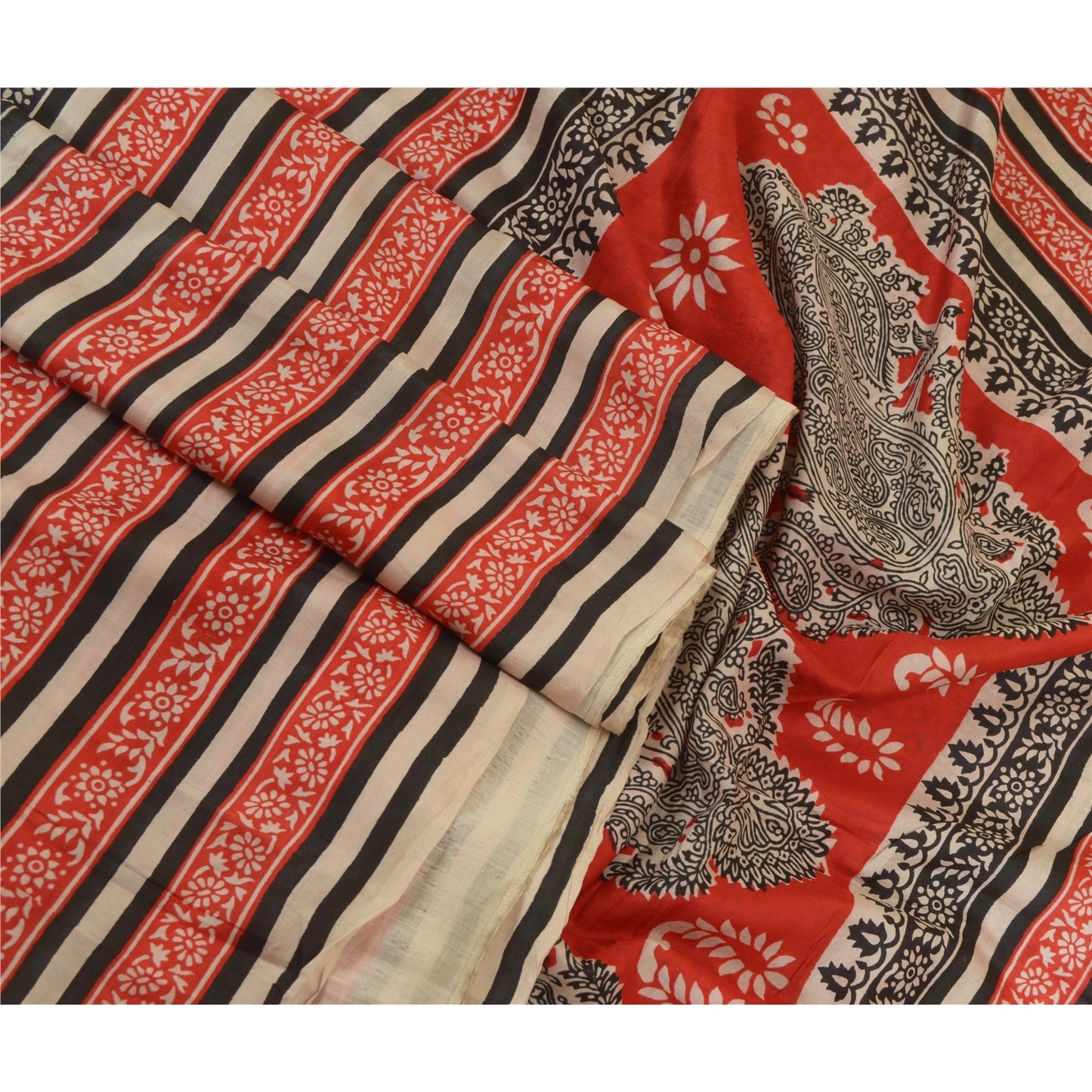 Sanskriti Vintage Sarees Black & Red 100%Pure Silk Printed Sari 5YD Craft Fabric