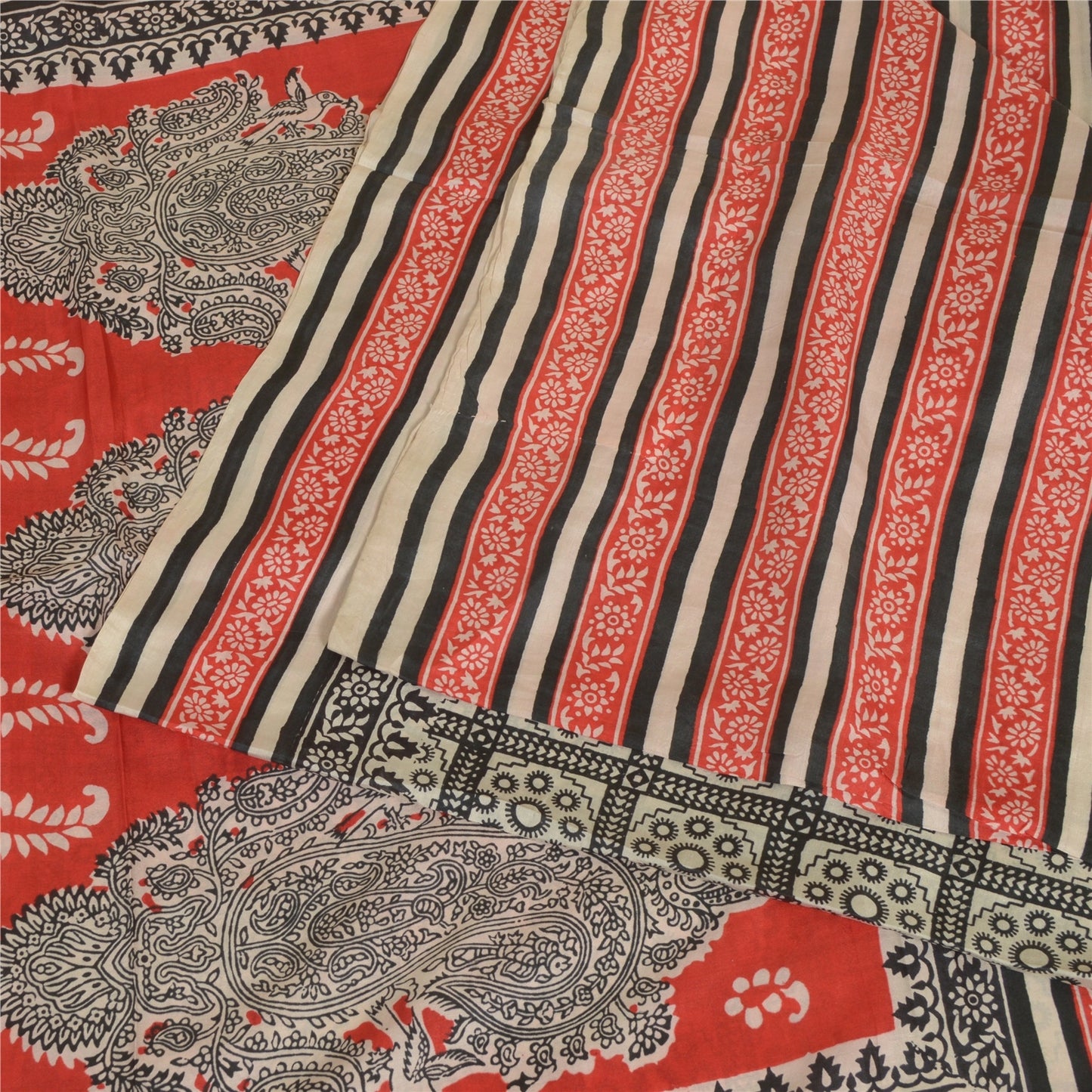 Sanskriti Vintage Sarees Black & Red 100%Pure Silk Printed Sari 5YD Craft Fabric