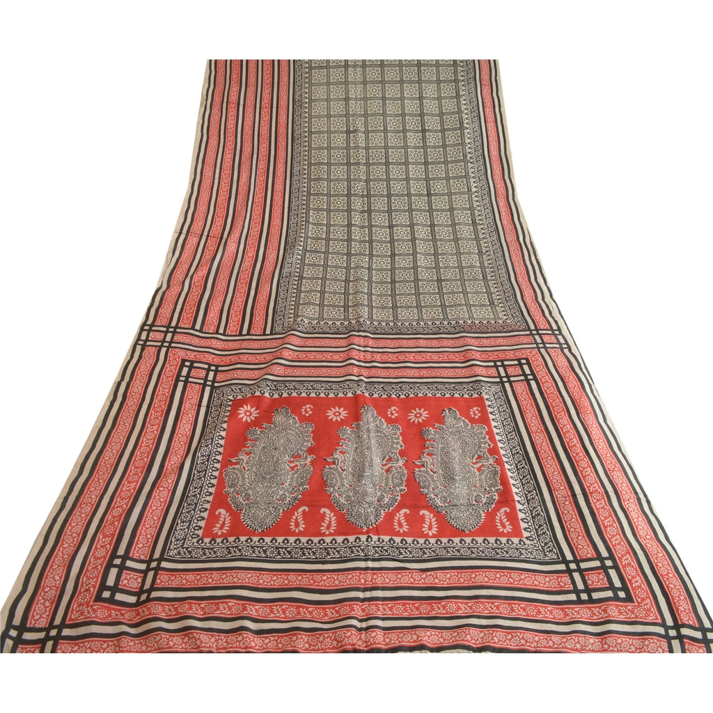 Sanskriti Vintage Sarees Black & Red 100%Pure Silk Printed Sari 5YD Craft Fabric