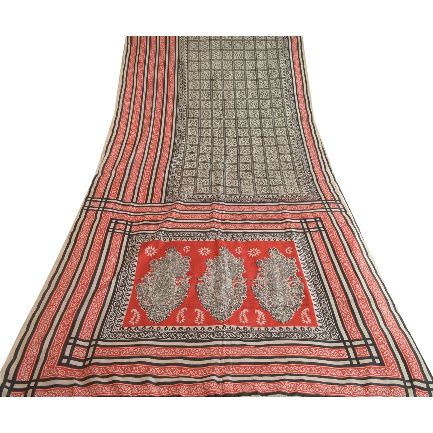 Sanskriti Vintage Sarees Black & Red 100%Pure Silk Printed Sari 5YD Craft Fabric