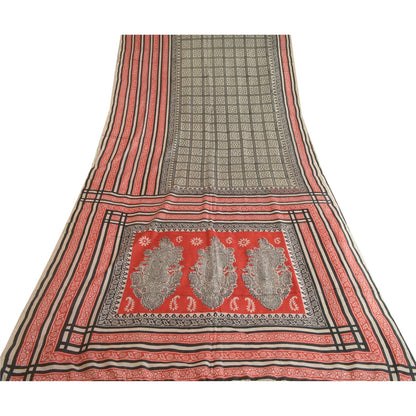 Sanskriti Vintage Sarees Black & Red 100%Pure Silk Printed Sari 5YD Craft Fabric