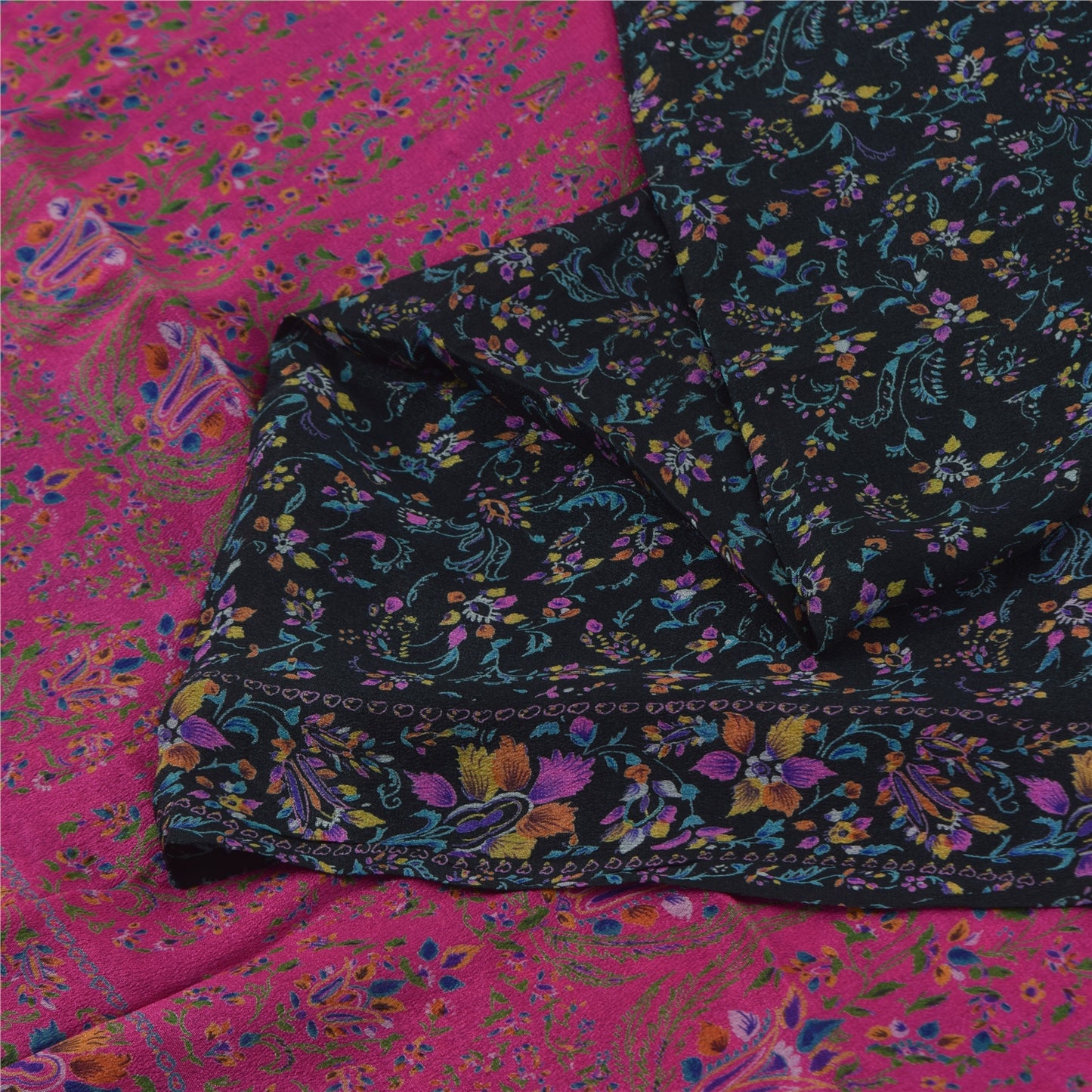 Sanskriti Vintage Sarees Indian Blue/Pink Pure Silk Printed Sari Craft Sustainable Fabric