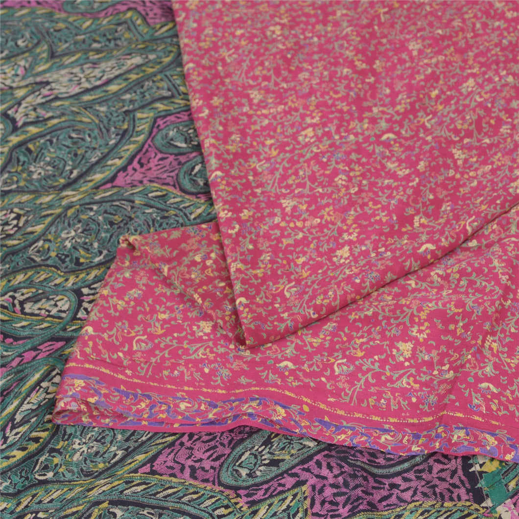 Sanskriti Vintage Pink/Green Sarees 100% Pure Silk Printed Sari 5yd Craft Fabric