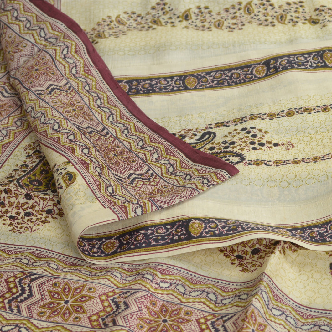 Sanskriti Vintage Ivory Sarees 100% Pure Silk Printed Sari Craft 5 Yard Fabric