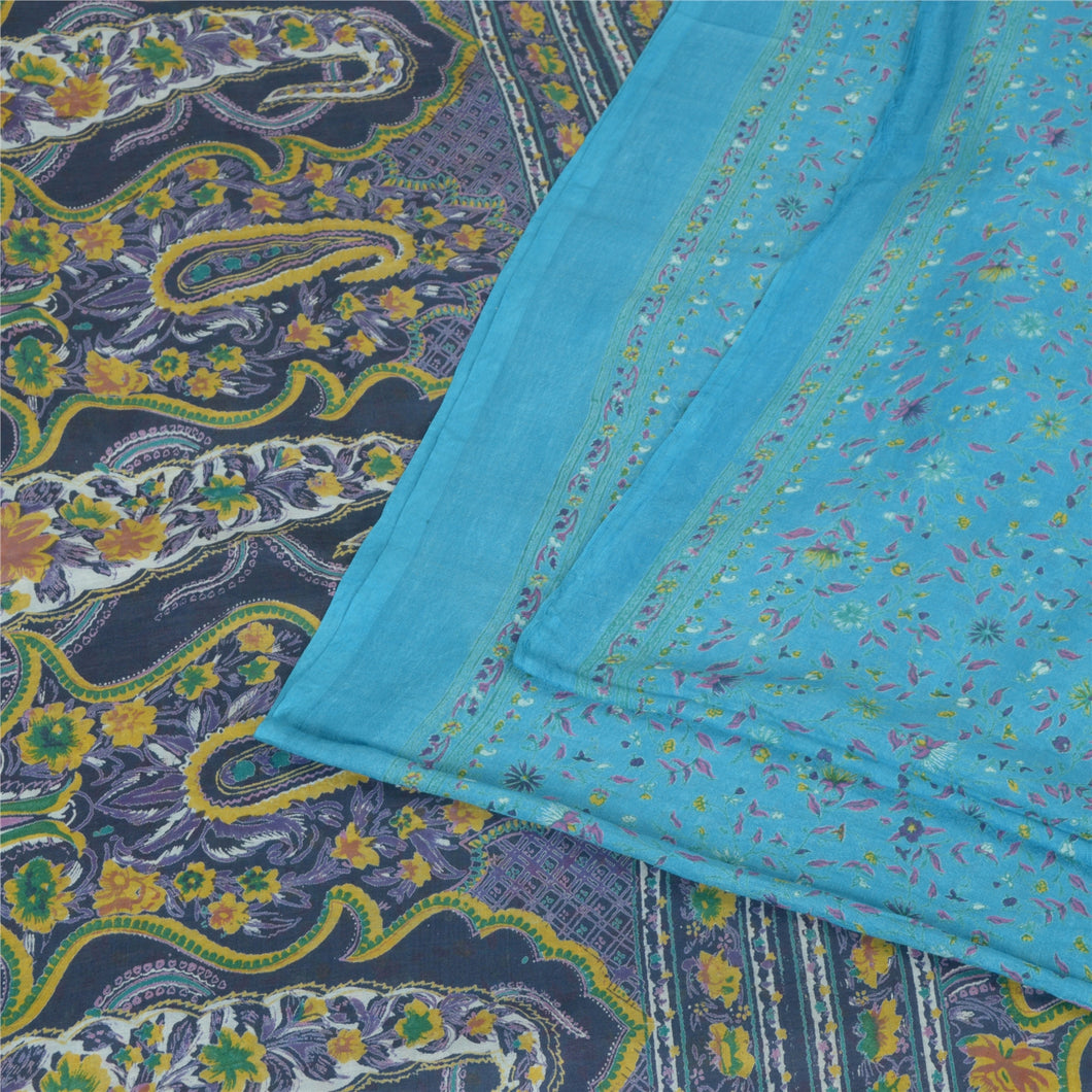 Sanskriti Vintage Sarees Blue 5yd Quilting Felting Craft Fabric Pure Cotton Sari