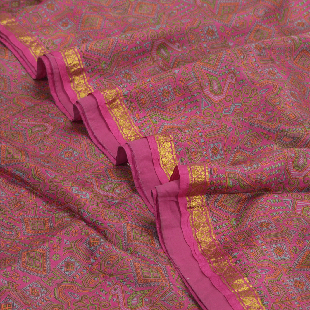 Sanskriti Vintage Pink Sarees Pure Silk Quilting Felting Craft Fabric Print Sari