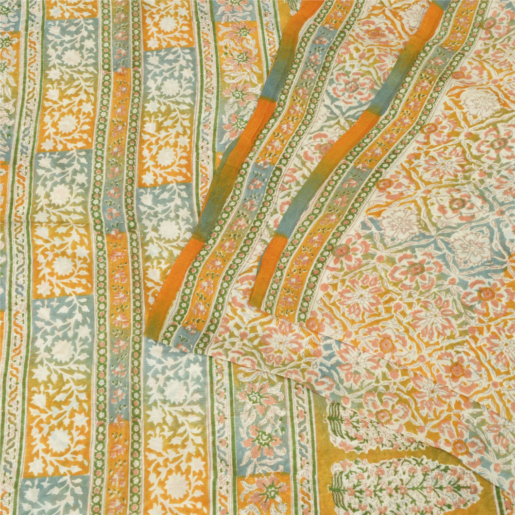 Sanskriti Vintage Ivory/Saffron Sarees Pure Silk Printed Sari Craft Fabric