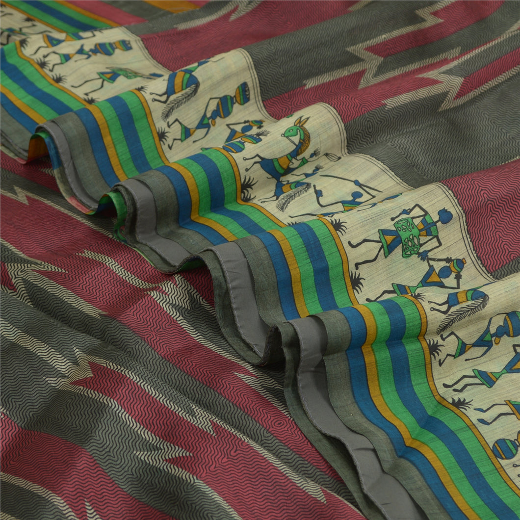 Sanskriti Vintage Sarees Multi Pure Silk Warli Art Printed Sari 5yd Craft Fabric