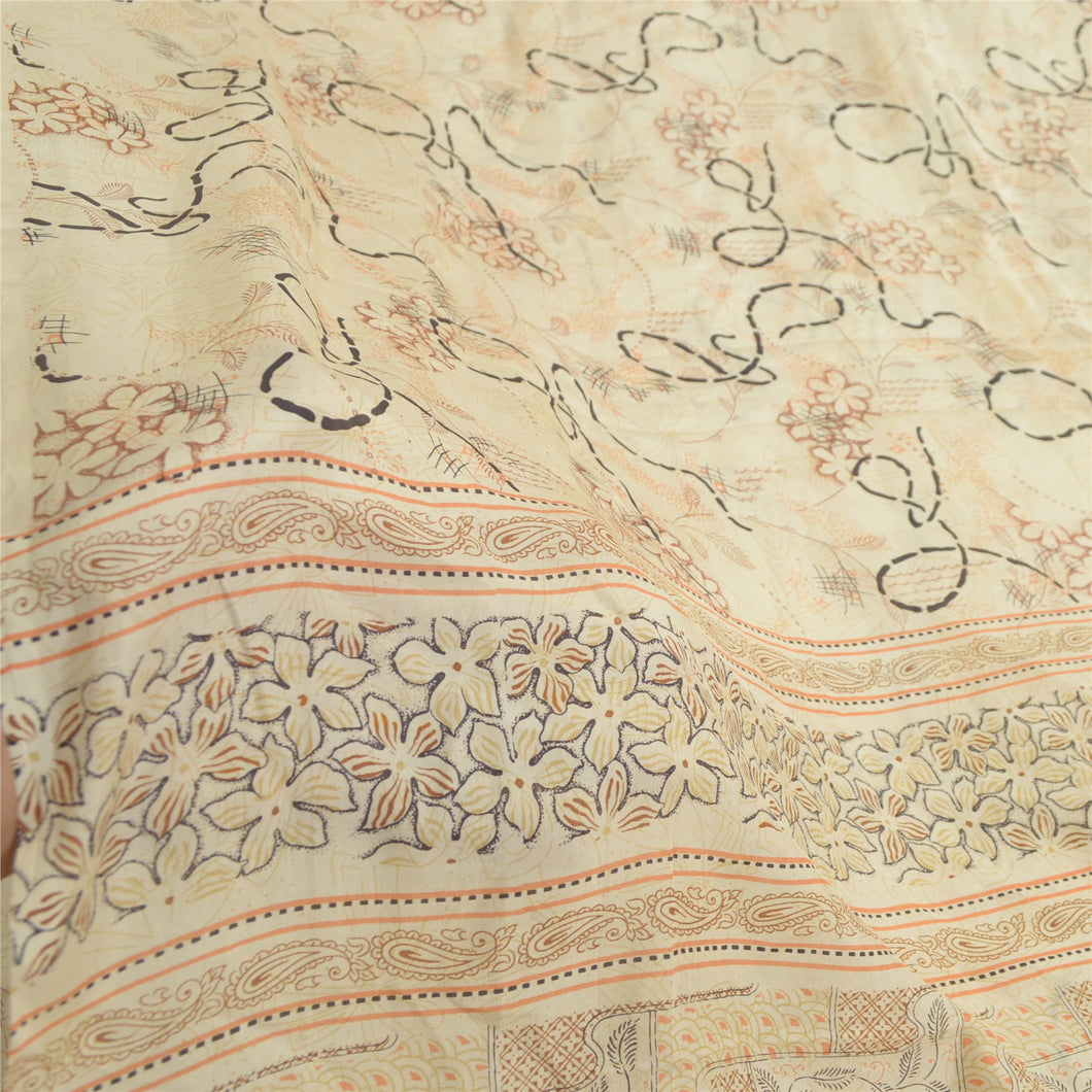 Sanskriti Vintage Sarees Indian Ivory Pure Silk Printed Sari 5YD Craft Fabric