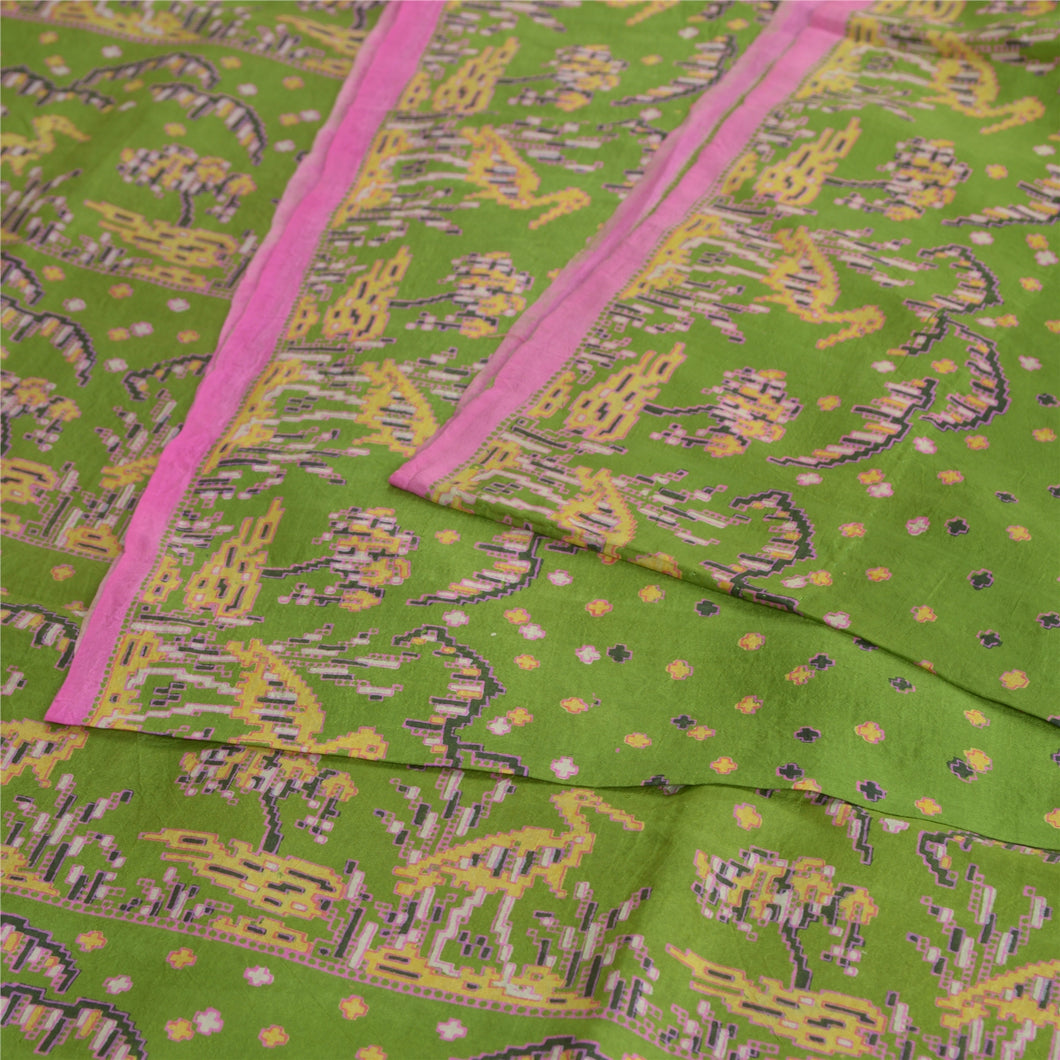Sanskriti Vintage Sarees Green Heron Bird Printed Pure Silk Sari Craft Fabric