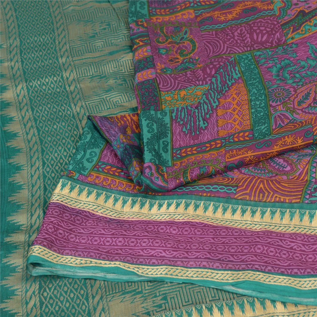 Sanskriti Vintage Sarees Indian Multi 100% Pure Silk Printed Sari Craft Fabric