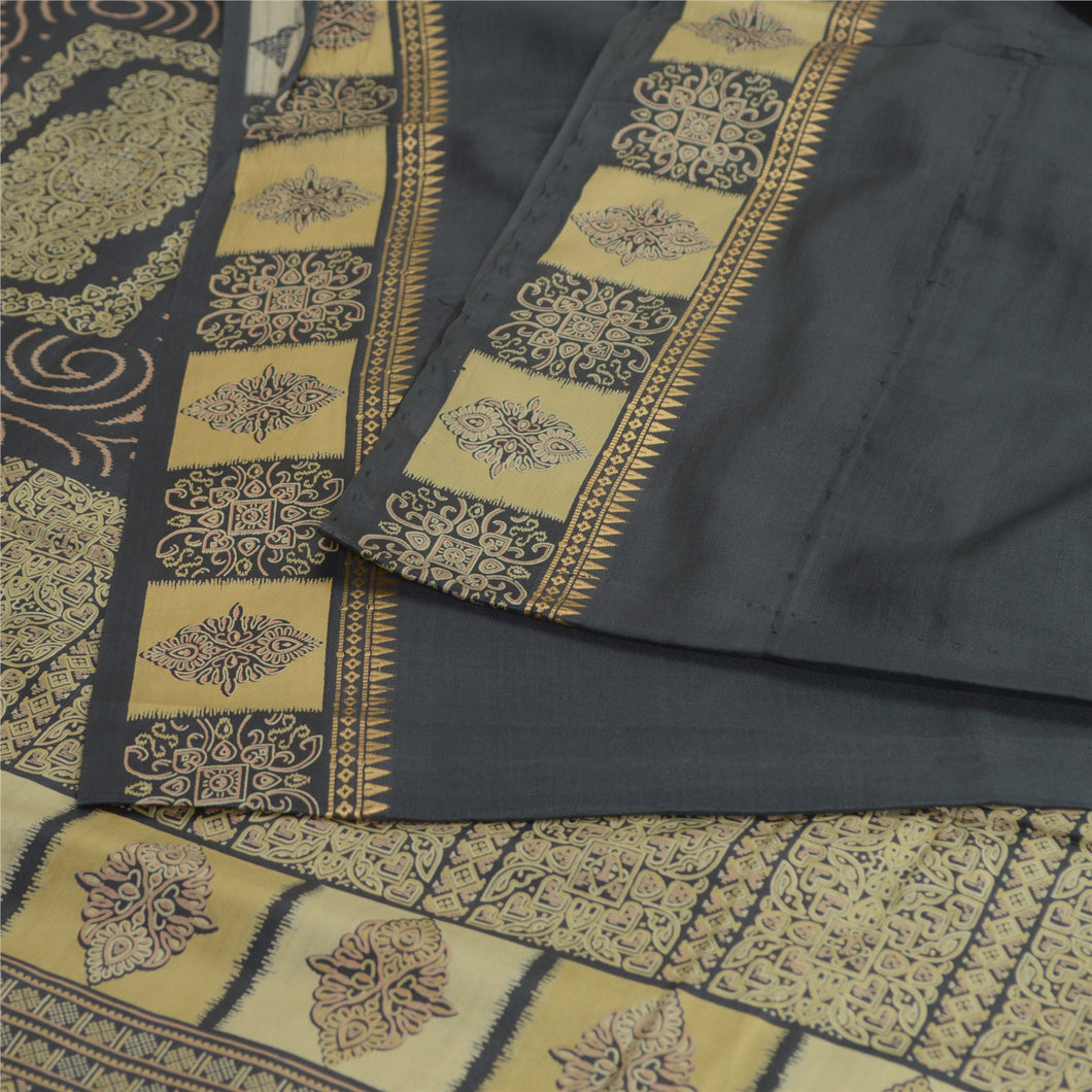 Sanskriti Vintage Sarees Indian Black 100% Pure Silk Printed Sari Craft Fabric