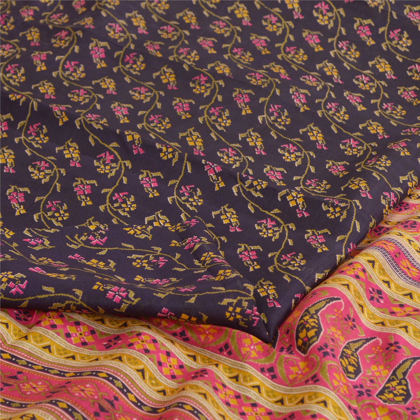 Sanskriti Vintage Sarees Indian Blue/Pink Pure Silk Printed Sari Craft Sustainable Fabric