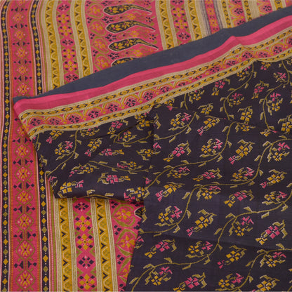 Sanskriti Vintage Sarees Indian Blue/Pink Pure Silk Printed Sari Craft Sustainable Fabric