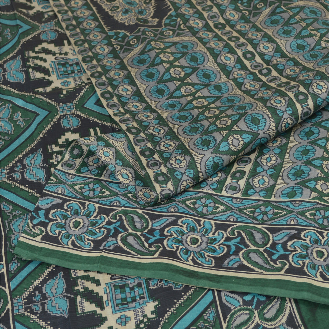 Sanskriti Vintage Sarees Green 100% Pure Silk Printed Sari Soft 5YD Craft Fabric