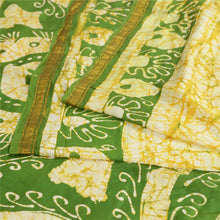 Load image into Gallery viewer, Sanskriti Vintage Sarees Cream/Green Batik Printed Pure Silk Sari Craft Fabric
