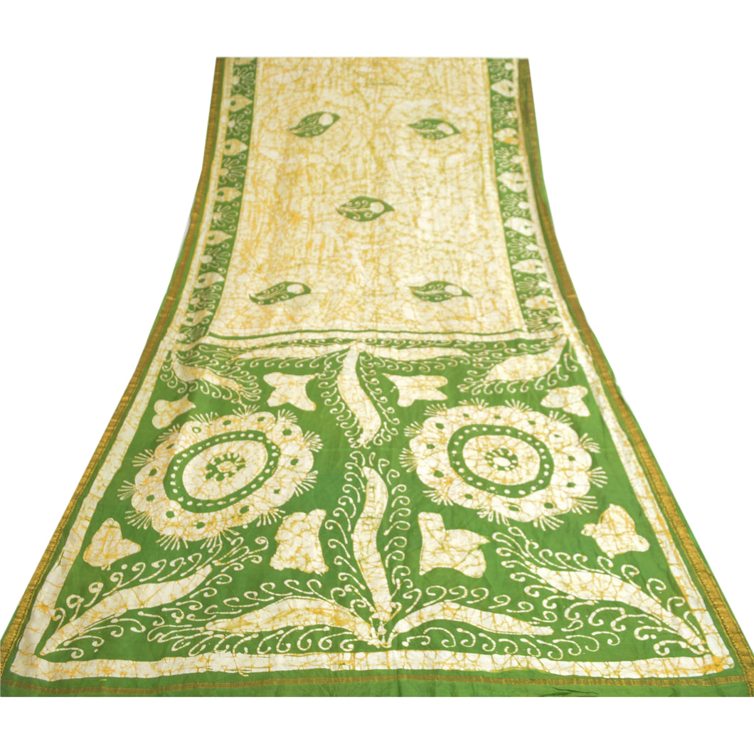 Sanskriti Vintage Sarees Cream/Green Batik Printed Pure Silk Sari Craft Fabric