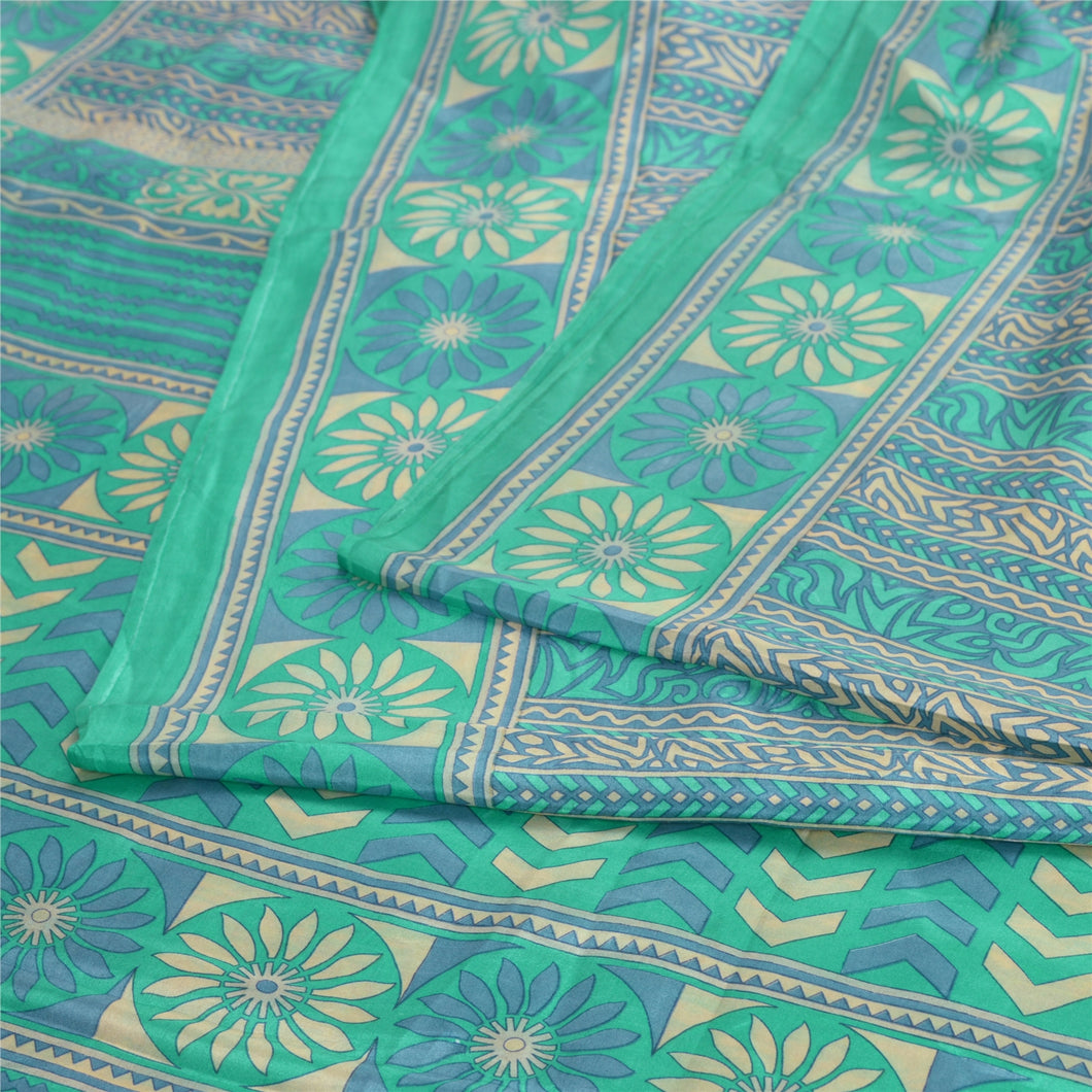 Sanskriti Vintage Sarees Sea-Green 100% Pure Silk Printed Sari 5yd Craft Fabric