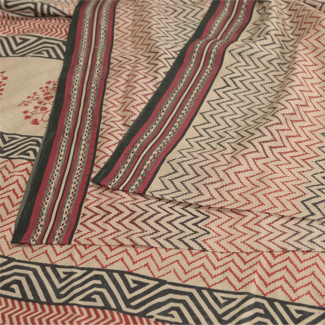 Sanskriti Vintage Sarees Red/Black Hand Block Print Pure Silk Sari Craft Fabric