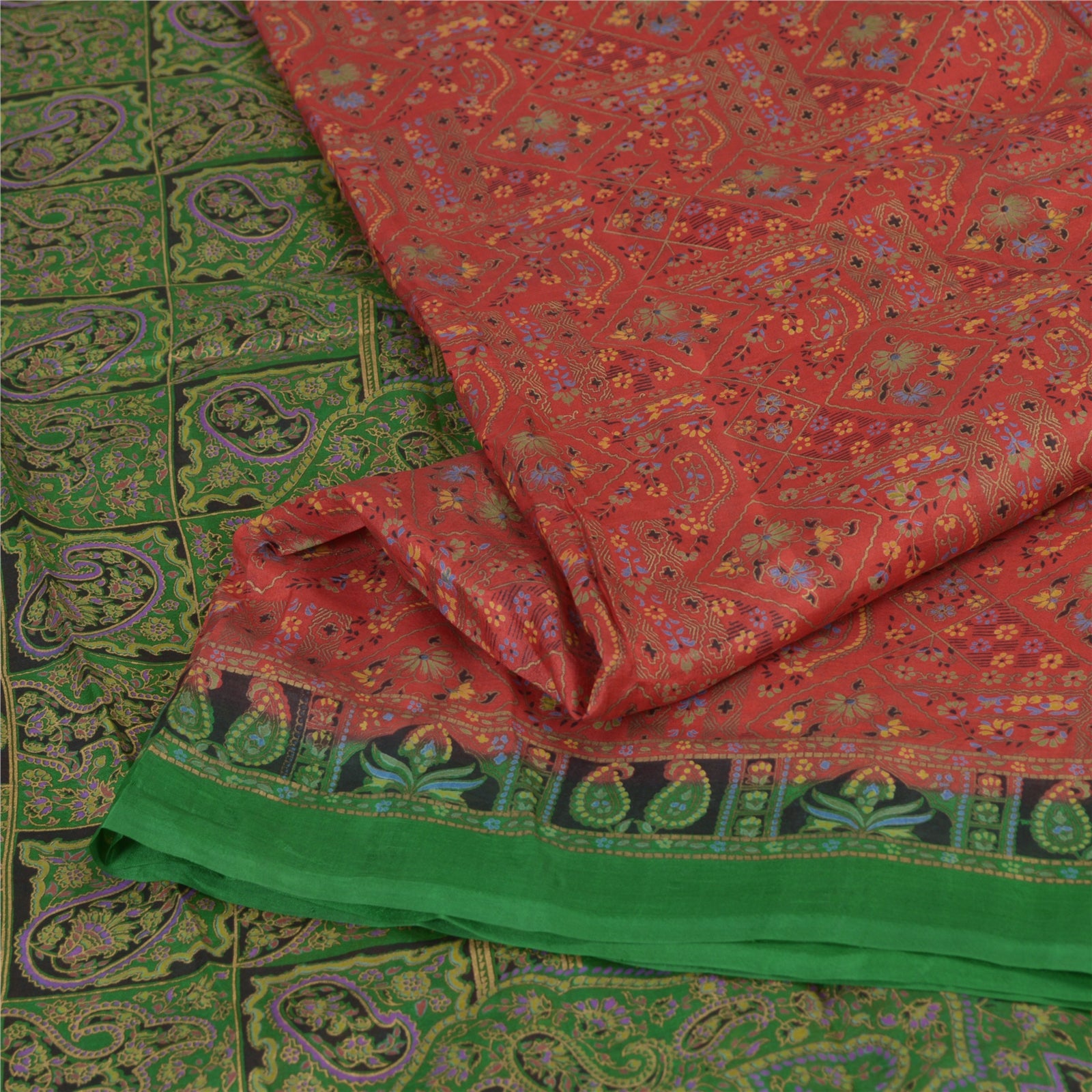 Sanskriti Vintage Sari 100% Pure Silk Red/Green Printed Saree 5 Yd Floral Saree Craft Fabric Crafting Upcycling Even Wearing Projects