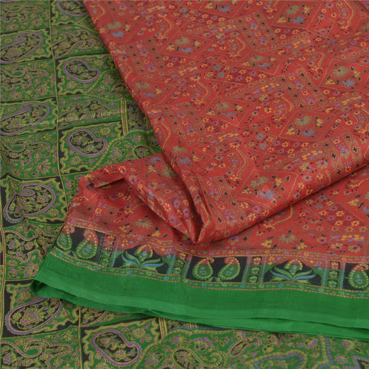 Sanskriti Vintage Sarees Red/Green Pure Silk Printed Sari Floral Craft Sustainable Fabric