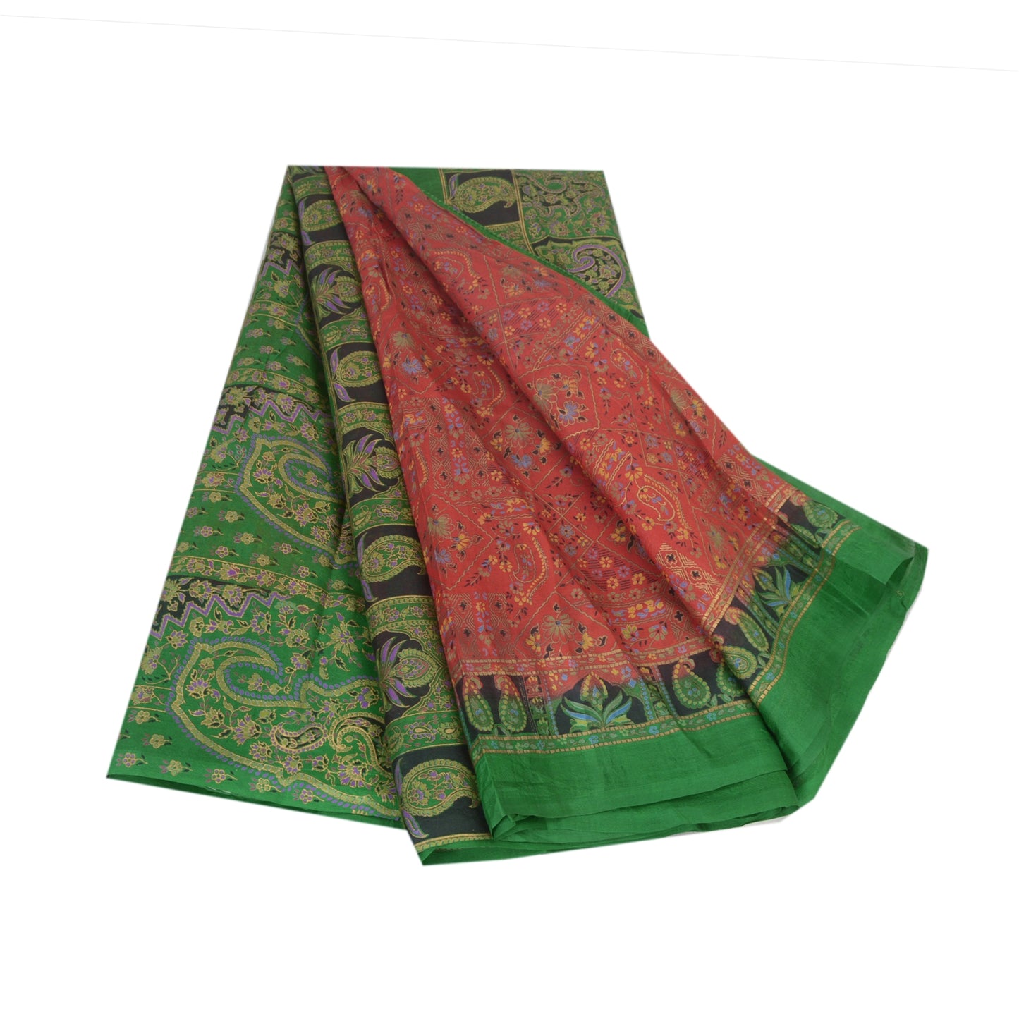 Sanskriti Vintage Sarees Red/Green Pure Silk Printed Sari Floral Craft Sustainable Fabric