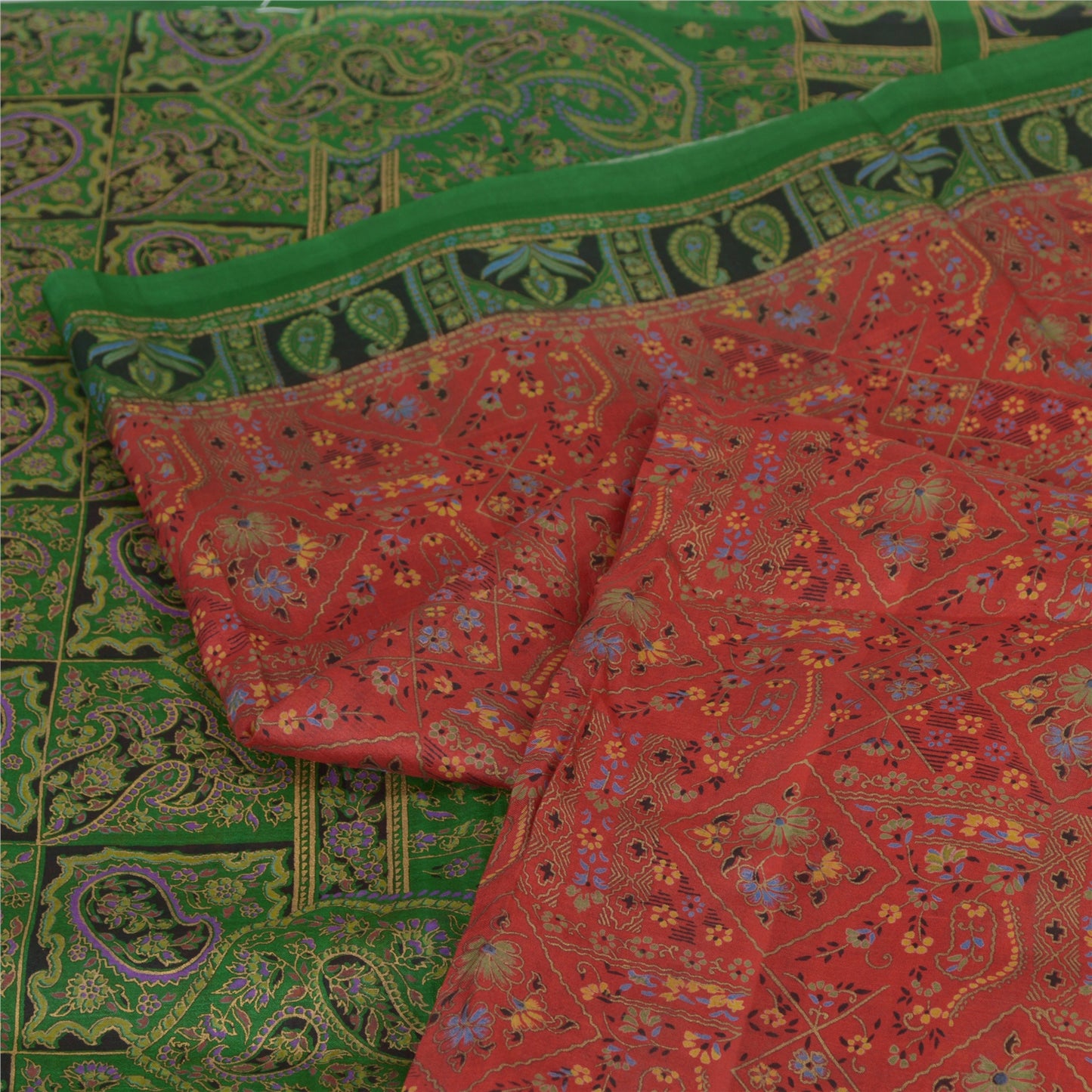 Sanskriti Vintage Sarees Red/Green Pure Silk Printed Sari Floral Craft Sustainable Fabric