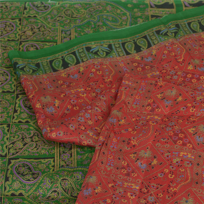 Sanskriti Vintage Sarees Red/Green Pure Silk Printed Sari Floral Craft Sustainable Fabric