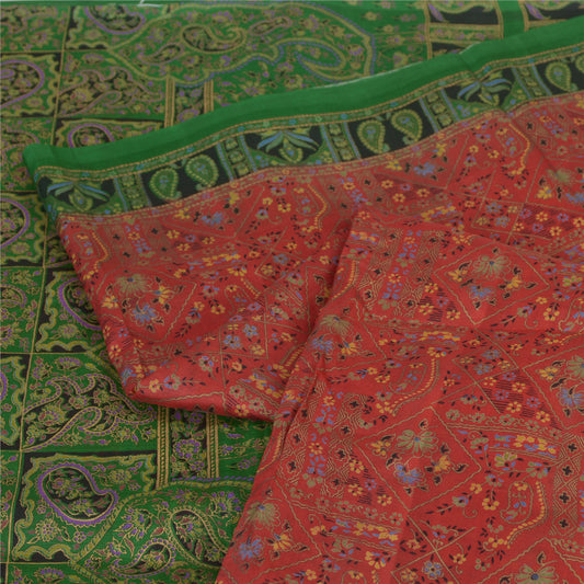 Sanskriti Vintage Sarees Red/Green Pure Silk Printed Sari Floral Craft Sustainable Fabric