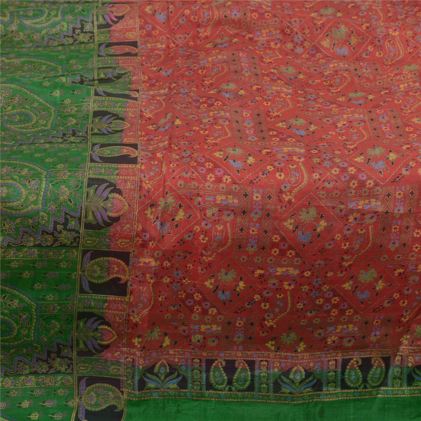 Sanskriti Vintage Sarees Red/Green Pure Silk Printed Sari Floral Craft Sustainable Fabric