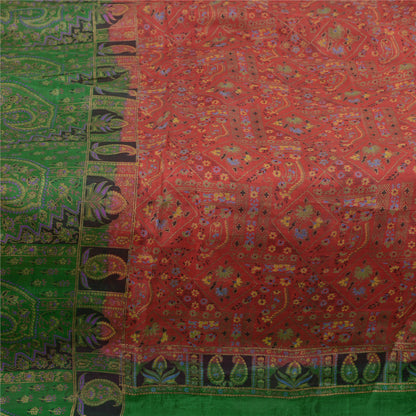 Sanskriti Vintage Sarees Red/Green Pure Silk Printed Sari Floral Craft Sustainable Fabric