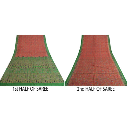 Sanskriti Vintage Sarees Red/Green Pure Silk Printed Sari Floral Craft Sustainable Fabric