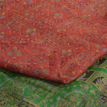 Sanskriti Vintage Sarees Red/Green Pure Silk Printed Sari Floral Craft Sustainable Fabric