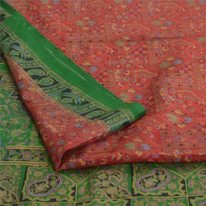 Sanskriti Vintage Sarees Red/Green Pure Silk Printed Sari Floral Craft Sustainable Fabric