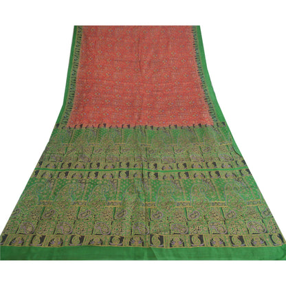 Sanskriti Vintage Sarees Red/Green Pure Silk Printed Sari Floral Craft Sustainable Fabric