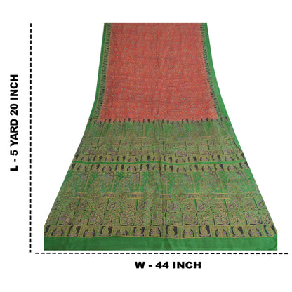 Sanskriti Vintage Sarees Red/Green Pure Silk Printed Sari Floral Craft Sustainable Fabric